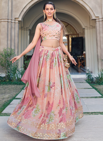 Party Wear Pink Floral Printed Georgette Lehenga Choli